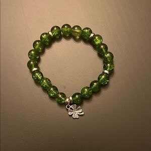 Hand Crafted Green Bracelet with Silver Leaf Charm
